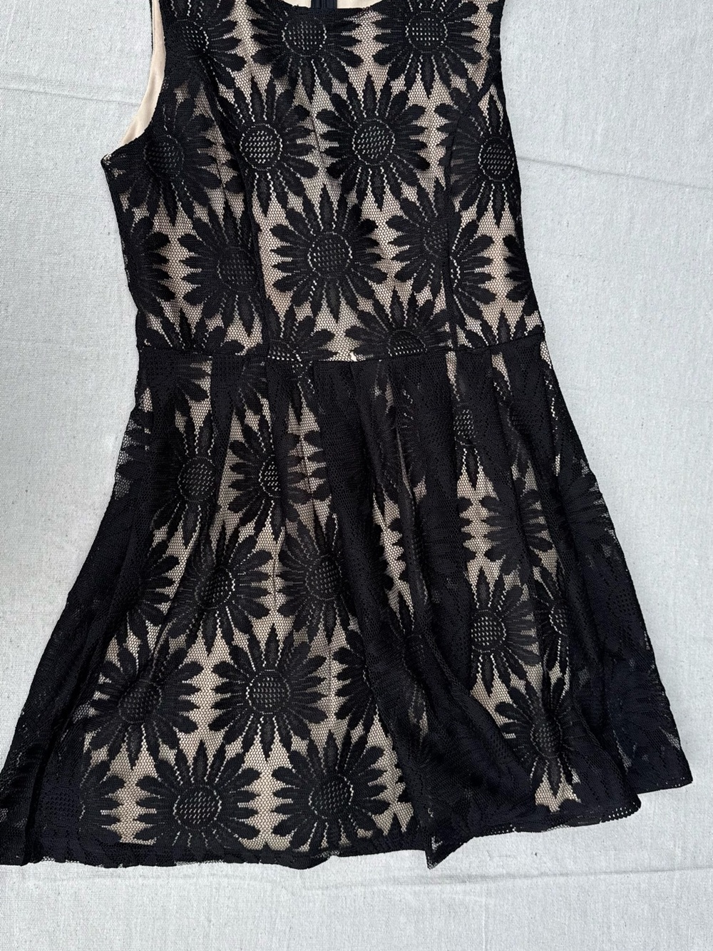 Black Floral Lace Mini Dress with Nude Lining